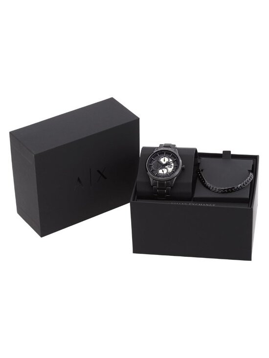 NWT Armani Exchange Quartz Black Dial Men\'s Watch and Chain Necklace Set